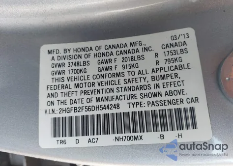 2013 Honda Civic Lx из США, поврежденный, VIN 2HGFB2F56DH544248